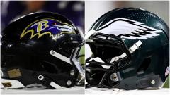 Helmets for the Eagles and Ravens in the NFL ahead of their game